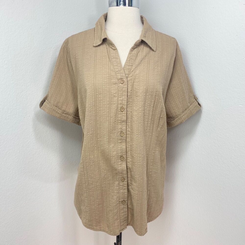 White Stag Cotton Seersucker Tan Camp Shirt Size 20 Button Front Short Sleeves